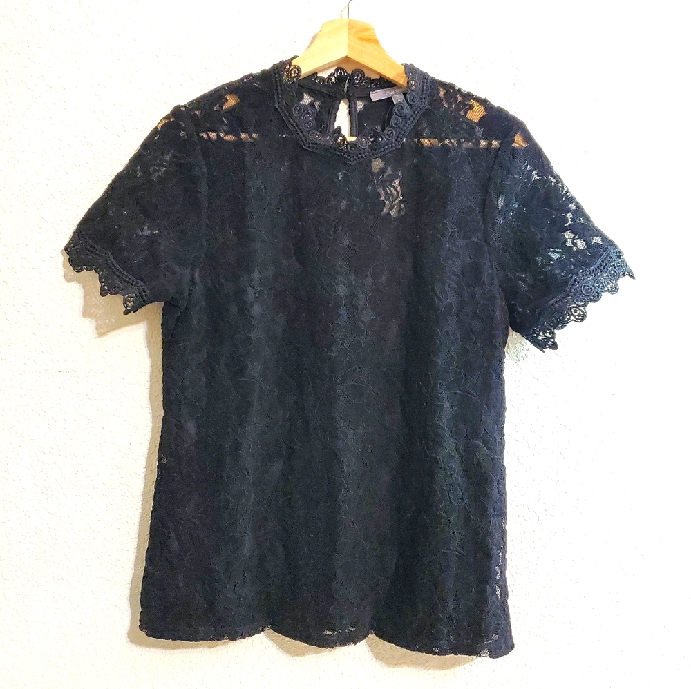 NWT Anthropologie Blue Tassel S Black Floral Lace Top